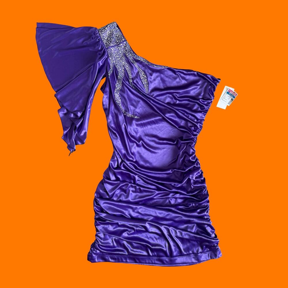00's vintage purple rhinestone one shoulder mcbling prom y2k mini dress XL NWT
